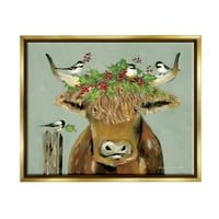 Stupell Endüstrileri Sığır ve Kuşlar Tatil Holly Tatil Boyama Altın Şamandıra Çerçeveli Sanat Baskı Duvar Sanatı