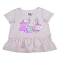 Peppa Domuz Bebek Kız ve Yürümeye Başlayan Kızlar Çarpıntı Kollu T-shirt, Peplum T-shirt ve Tozluk, 3 Parçalı Kıyafet