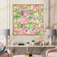 Designart 'Sarı Çiçekler, Tropikal Yeşillik Flamingo III' Modern Çerçeveli Tuval Duvar Sanatı Baskı