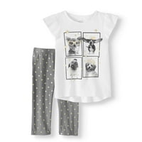 Küçük Kızların 4'lü Fırfırlı Hayvan Tişörtü ve Capri Tayt 2'li Kıyafet Seti