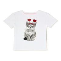 Kızların Sevgililer Günü Kedi Grafikli Tişört, 4- 18 Beden