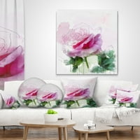 Designart Yeşil Yapraklı Pembe Gül Çizimi - Çiçekli Kırlent - 12x20