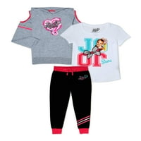 Jojo Siwa Kızlar Soğuk Omuz Hoodie, Grafik Glitter Üst ve Sweatpants Athleisure Kıyafet Seti, 3 Parça, Boyutları