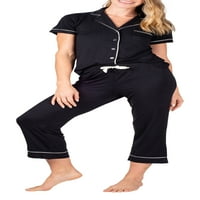 Pijama Çentik Yaka Düğmesi Üst Eşleşen Kapriler Polyester Karışımı Pijama Seti Kadınlar için