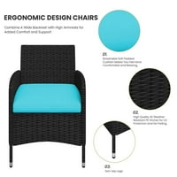 Siyah 3 Parçalı Hasır sallanan sandalyeler ve Kare Metal Sehpa Açık Bistro Seti Mavi Yastık ile