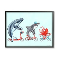 Stupell Industries Sucul Deniz Yaşamı Hayvanlar Bisiklet Sürme Kırmızı Vurgu Grafik Sanatı Siyah Çerçeveli Sanat