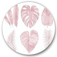 Designart 'Tropikal Pembe Suluboya Beyaz Üzerine Yapraklar I' Eski Püskü Şık Daire Metal Duvar Sanatı - 29'lu Disk