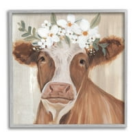 Kahverengi Sığır Çiçek Bloom Taç Hayvanlar ve Böcekler Grafik Sanat Gri Çerçeveli Sanat Baskı Duvar Sanatı