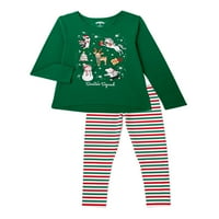 Tatil Zamanı Kızlar Noel Uzun Kollu grafikli tişört ve Baskılı Tayt Kıyafet Seti, 2 Parça, 4-18 Beden
