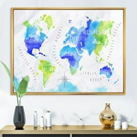 Designart 'Dünya Haritası Mavi ve Yeşil' Modern Çerçeveli Tuval Duvar Sanatı Baskı