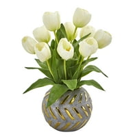 Dekoratif Vazoda Neredeyse Doğal Lale Yapay Çiçek Aranjmanı, Beyaz