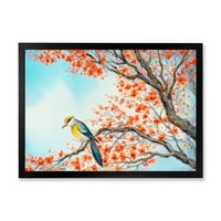 Güzel Turuncu Kuş Çiçekli Şube Üzerinde Oturan Çerçeveli Boyama Tuval Sanat Baskı