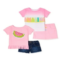 Garanimals Bebek Kız ve Toddler Kız T-shirt, Saçak Üst, Etek ve Şort, 4 Parça Kıyafet Seti, Boyutları 12 M-5 T