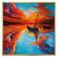 Küçük Tekne Sırasında Sıcak Koyu Kırmızı Akşam Glow Çerçeveli Boyama Tuval Sanat Baskı