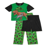 Jurassic World Boys 4'e Özel Kısa Kollu Üst, Şort ve Pantolon, 3'lü Pijama Takımı