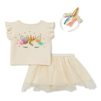 Wonder Ulus Bebek ve Yürümeye Başlayan Kız Elbise-Up Çarpıntı Kollu Üst, Tutu Etek ve Aksesuar, 3 Parçalı Set, boyutları